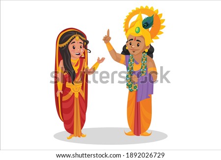 Draupadi is talking to Lord Krishna. Vector graphic illustration. Individually on a white background.