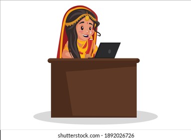 Draupadi is working on a laptop. Vector graphic illustration. Individually on a white background.
