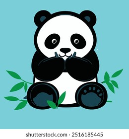 Draw a 2D vector of a cute panda munching on bamboo