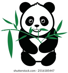 Draw a 2D vector of a cute panda munching on bamboo