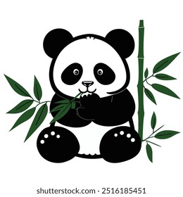 Draw a 2D vector of a cute panda munching on bamboo