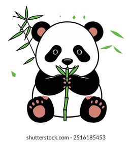 Draw a 2D vector of a cute panda munching on bamboo