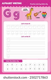 Zeichnen gemäß Groß- und Kleinbuchstaben G g. Übung zum Einfärben des ABC-Alphabets. Kindergarten Brief Zeichnungsübungen für Kinder Englisch lernen mit niedlichen Cartoon Tiere. Malbücher für