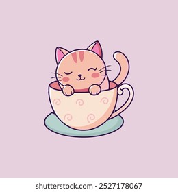 Draw adorable cat sleep in cup of tea pink pastel color.Doodle style