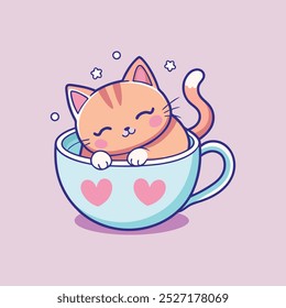 Draw adorable cat sleep in cup of tea pink pastel color.Doodle style