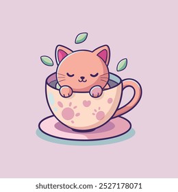 Draw adorable cat sleep in cup of tea pink pastel color.Doodle style