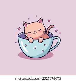 Draw adorable cat sleep in cup of tea pink pastel color.Doodle style