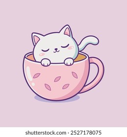 Draw adorable cat sleep in cup of tea pink pastel color.Doodle style