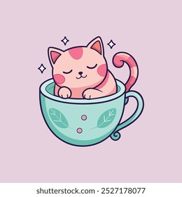 Draw adorable cat sleep in cup of tea pink pastel color.Doodle style