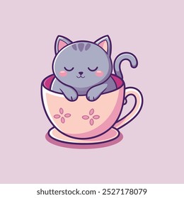 Draw adorable cat sleep in cup of tea pink pastel color.Doodle style