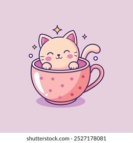 Draw adorable cat sleep in cup of tea pink pastel color.Doodle style