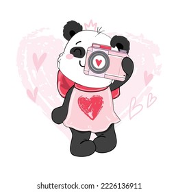 Draw of a baby panda with camera in kawaii doodle style. Valentine's Day card. Vector cartoon illustration