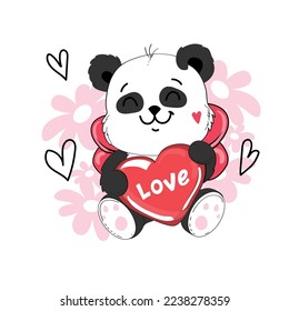 Draw of a baby panda with heart in kawaii doodle style. Valentine's Day card. Vector cartoon illustration character design banner