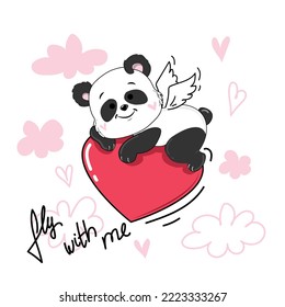 Draw of a baby panda with heart on the cloud in kawaii doodle style. Valentine's Day card. Vector cartoon illustration