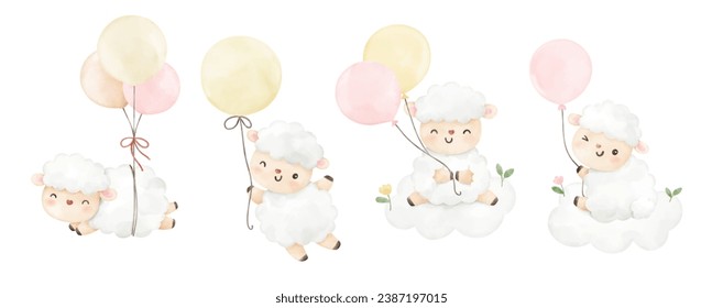 Draw baby sheep with sweet balloon For nursery birthday kids Print for invitation card Poster Template