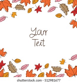 Draw background of card with colorful leave in autumn.Doodle style.