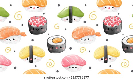 Draw banner background funny sushi character cartoon Japanese food Watercolor style