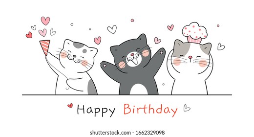 Draw banner cute cat for happy birthday on white.Doodle cartoon style.