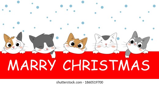 Draw banner of cute cat wearing elf hat for christmas. Collection of Christmas cats, Merry Christmas. Kitten holidays cartoon character. Doodle style. Vector illustration