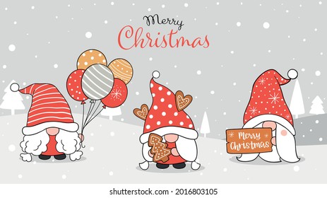 Draw banner illustration design cute gnome in snow for christmas and new year Doodle cartoon style