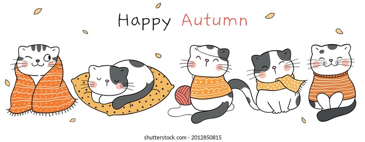 Draw banner vector illustration design happy cat in autumn season Happy fall concept Doodle cartoon style