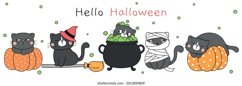 Draw banner vector illustration design cute cat in Halloween day Doodle cartoon style