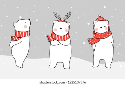 Draw banner white bear with red scarf in snow for Christmas day and new year.Draw doodle cartoon style.