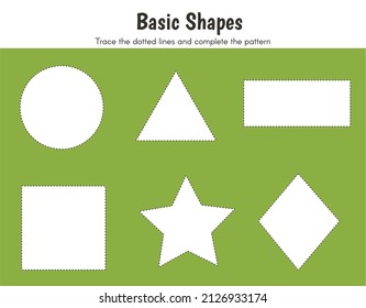 Draw basic shapes, trace the dotted lines and color the shape. Practice educational worksheet for kindergarten. Motor skills and IQ Test. Printable worksheet for online education. Vector Illustration.