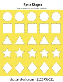 Draw basic shapes, trace the dotted lines and color the shape. Practice educational worksheet for kindergarten. Motor skills and IQ Test. Printable worksheet for online education. Vector Illustration.