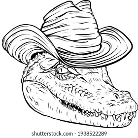 draw in black and white of alligator head with hat