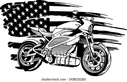 draw in black and white of american flag with bike vector illustration design