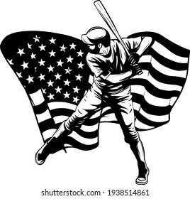 draw in black and white of Baseball player with american flag vector illustration