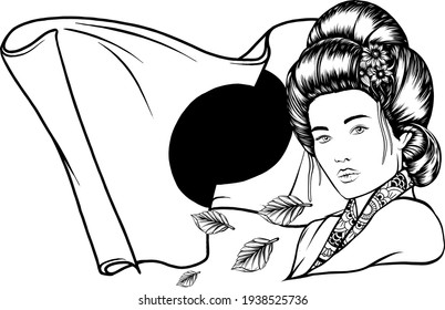 draw in black and white of Beautiful Geisha with leaves and japan flag