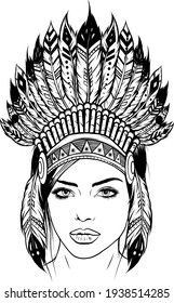 draw in black and white of Beautiful girl in a headdress of North American Indians.