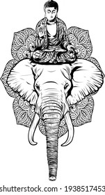 draw in black and white of buddha statue above head of elephant vector