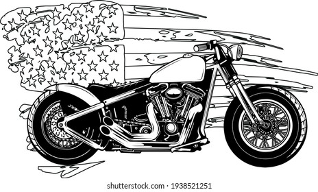 draw in black and white of chopper motorcycle with american flag vector illustration