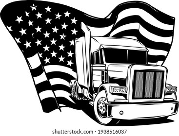 draw in black and white of Classic American Truck. Vector illustration with american flag