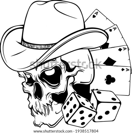 draw in black and white of cowboy skull with poker ace and dice
