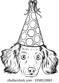 draw in black and white of A cute head puppy with party hat
