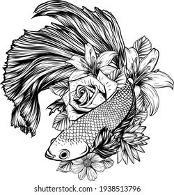 draw in black and white of fish betta splendens with flowers vector illustration