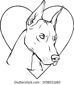 draw in black and white of head dog with heart vector illustration