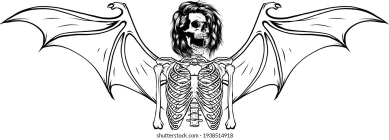 dibujar en blanco y negro el esqueleto humano con la ilustración vectorial de las alas de murciélago