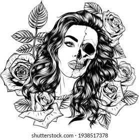 draw in black and white of illustration head skull girl with roses around