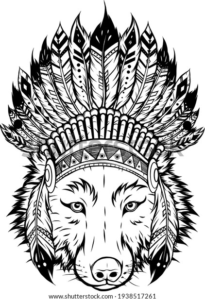 Draw Black White Indian Wolf Feathers Stock Vector (Royalty Free ...