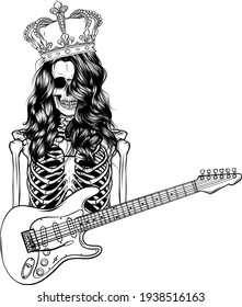 draw in black and white of king human skeleton playing on electric guitar