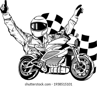 draw in black and white of Motorbike rider with face flag vector illustration