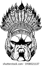 draw in black and white of pitbull dog head with Indian hat, vector illustration