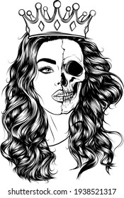 draw in black and white of Skull face girl with a crown with green hair