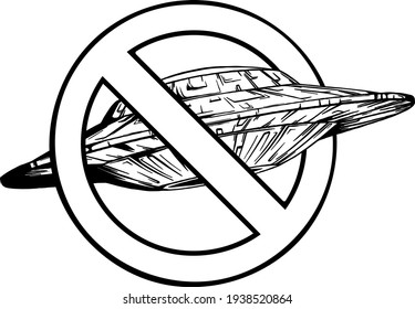 draw in black and white of spaceship with symbol of ban vector illustration