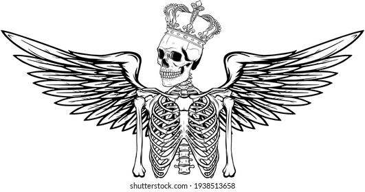 draw in black and white of vector angel skeleton with wing and crown